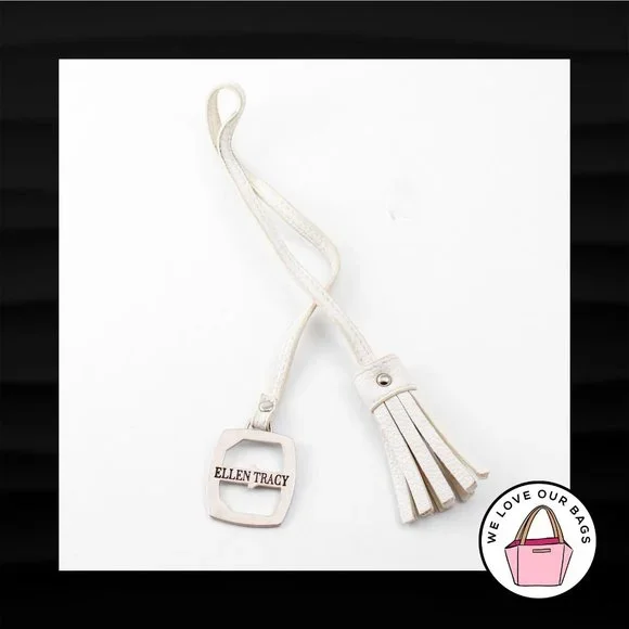 ELLEN TRACY WHITE IVORY LEATHER BRAIDED TASSEL NICKEL FOB CHARM KEYCHAIN HANGTAG - Picture 1 of 1